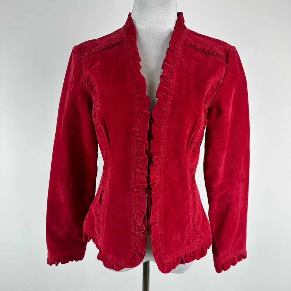 Prosper & Devine Red Suede Leather Ruffle Trim Jacket Size Medium